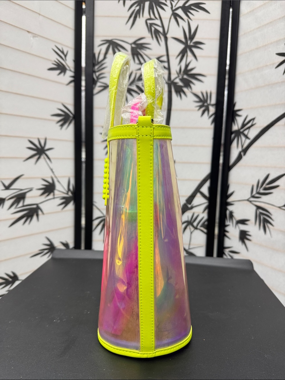 MCM Neon Yellow Iridescent Tote with Hot Pink Logo Wristlet - Picture 8 of 9